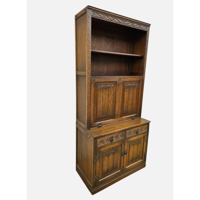 Vintage Oak Wood Bros Desk Cabinet Tudor Shelf Hutch Bookshelf Old Charm Leather For Sale In Philadelphia - Image 6 of 18