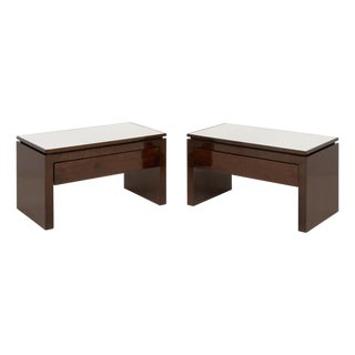 Modern White Glass and Mahogany Side Tables, Pair For Sale
