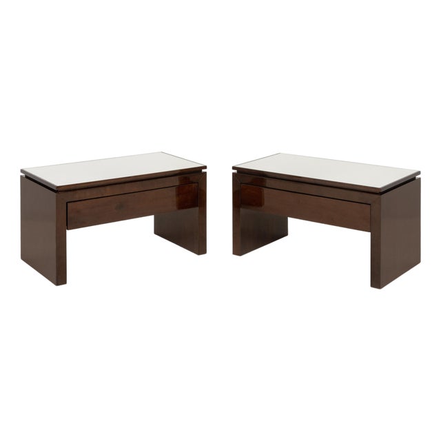 Modern White Glass and Mahogany Side Tables, Pair For Sale