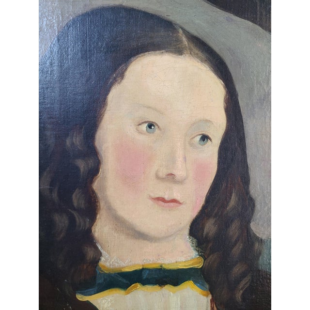 Textile Antique 19th C. Oil Painting Folk Art Portrait in the Style of William Matthew Prior For Sale - Image 7 of 16