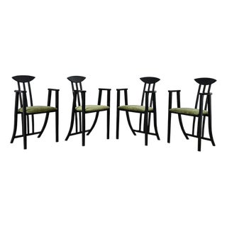Late 20th Century Italian Vintage Set of Four Ebonized Upholstered Armchairs For Sale