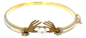 18k Yellow Gold Diamond Hand Holding Pearl Bangle Bracelet