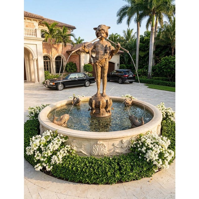 2000 - 2009 Vintage Neoclassical Patinated Bronze Fountain – Boy Playing Double Flute on Fish Base For Sale - Image 5 of 11