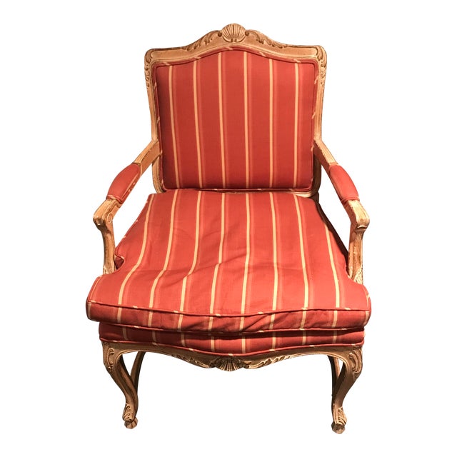 1980s Country Walnut Striped Orange Accent Chair | Chairish