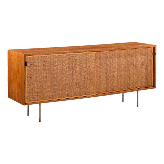 Florence Knoll for Knoll Model 116 Mid Century Walnut and Cane Sliding Door Credenza For Sale