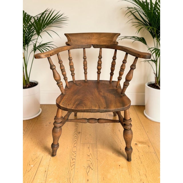Antique Victorian Smokers Bow Armchair in Beech & Elm, 1880s For Sale - Image 3 of 18