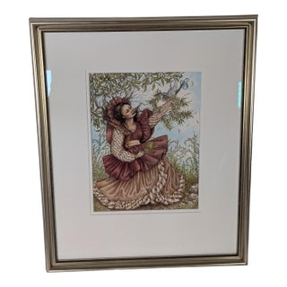 Late 20th-Century Modern, Colored Pencil Drawing, Fish Angel in Garden of Peace For Sale