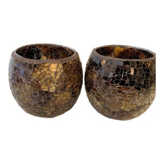 Handmade Amber Brown Mosaic Glass Votive or Tea Light Candle Holders BoHo For Sale