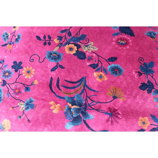 Textile Magenta Background Chinese Art Deco Rug With Large Vining Flowers and Leaves 12'0 X 14'8 For Sale - Image 7 of 12