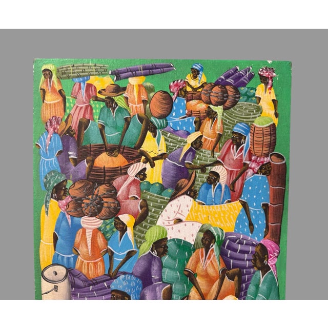Vintage Artist Signed Haitian Market Scene Oil Painting on Canvas In original estate fresh uncleaned condition showing...