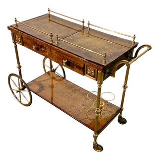 Italian Burl Wood and Brass Bar Cart, 1950s For Sale