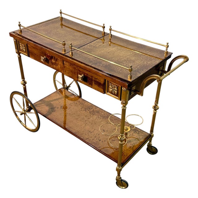 Italian Burl Wood and Brass Bar Cart, 1950s For Sale