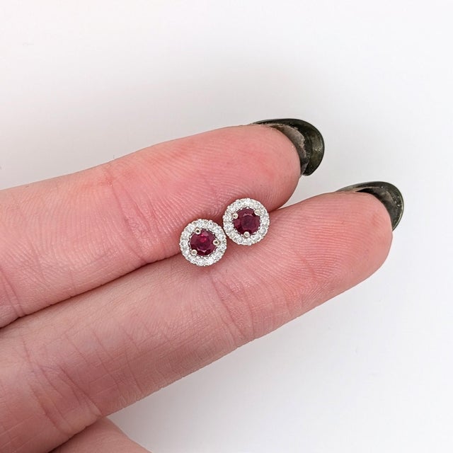 Modern Pretty Ruby Studs With Natural Diamond Halo: Solid 14k Gold, Round 3.3mm, Pair For Sale - Image 3 of 8