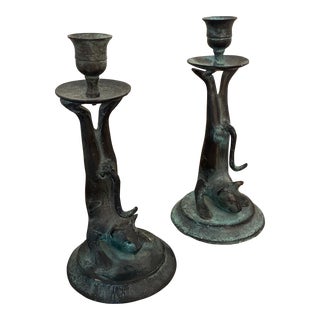 Vintage Verdigris Metal Cat Candleholders - a Pair For Sale