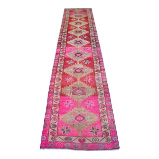 1970s Runner Turkish Hand-Knotted Rug Pink Hallway Decor For Sale