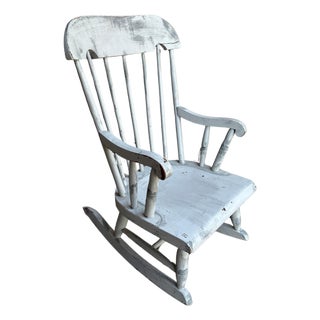Nichols & Stone Child’s Wooden Windsor Rocking Chair Spindle Back Distressed Farmhouse Vintage Chippy Gray For Sale