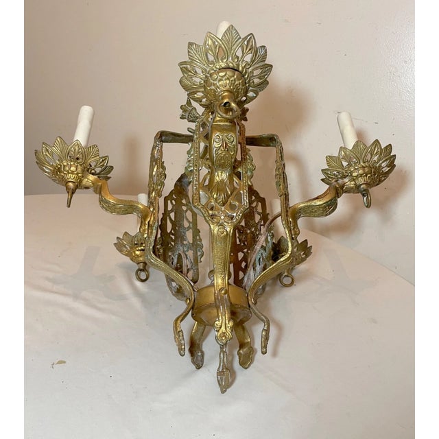 1930s Antique Ornate Art Deco 5 Arm Brass Alabaster Hanging Chandelier Fixture Lamp For Sale - Image 5 of 13
