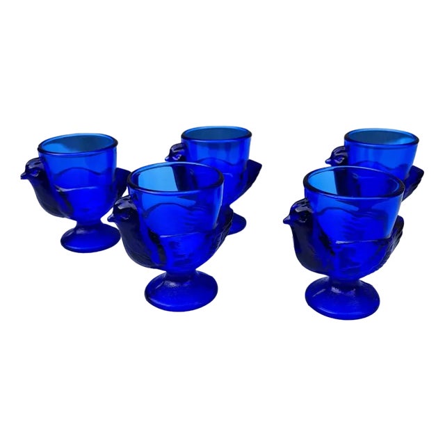 Vintage Cobalt Blue Glass Chicken Egg Cups, France, 1970s, Set of 5 For Sale