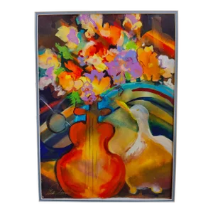 Vintage Figurative Surrealism Multi Bright Color Watercolor Painting Signed Vicki Selva