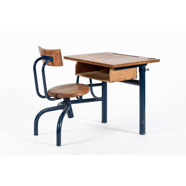 Wood Vintage Antique Wood & Metal Child’s School Desk and Chair in the Style of Jean Prouvé For Sale - Image 7 of 14