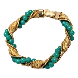 Vintage 1960s Signed Napier Goldtone Faux-Jade Beaded Twisted Bracelet For Sale