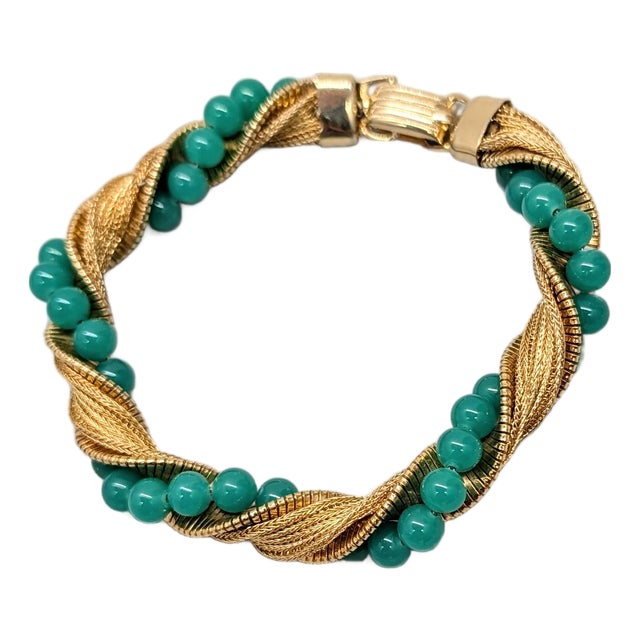 Vintage 1960s Signed Napier Goldtone Faux-Jade Beaded Twisted Bracelet For Sale