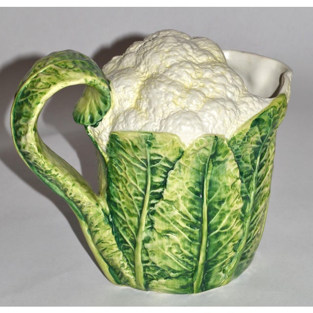1970s Majolica Green White Cauliflower Ceramic Pitcher Italy Mark Lord & Taylor For Sale - Image 15 of 15