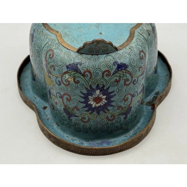 Copper 19th Century Qing Dynasy Lobed Cloisonne Enamel Planter Jardinaire, Blue Enamel on Copper, Footed For Sale - Image 8 of 10