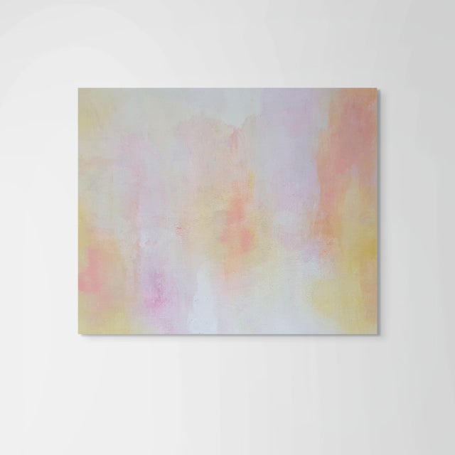 SOFTLY is an original abstract of soft washes of watercolor and acrylics in pinks, yellow, soft peach on white. This is an...