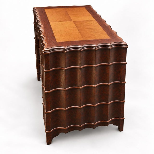 Hollywood Regency Scalloped Mahogany Faux Tortoise Kneehole Desk / Vanity For Sale In Atlanta - Image 6 of 7