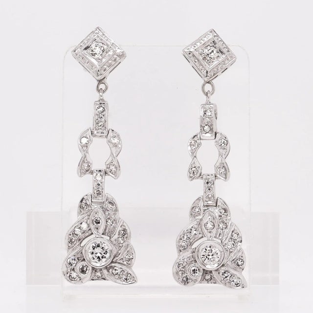 Pair of Art Deco 14k White Gold & Natural Diamond Drop Earrings For Sale - Image 4 of 9