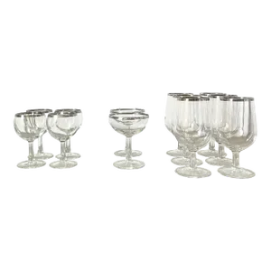 Mid 20th Century Mid-Century Modern Glassware Set With Silver Band - Coupes, Cordials, & Goblet Glasses- 12 Pieces