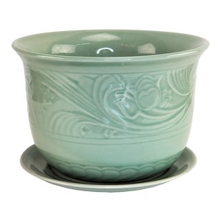 Vintage Large Celadon Green Floral Planter For Sale