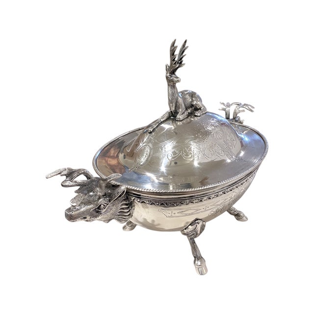 Silverplate Soup Tureen With Stag Motif Elk Deer Thanksgiving Victorian Style For Sale In San Francisco - Image 6 of 17