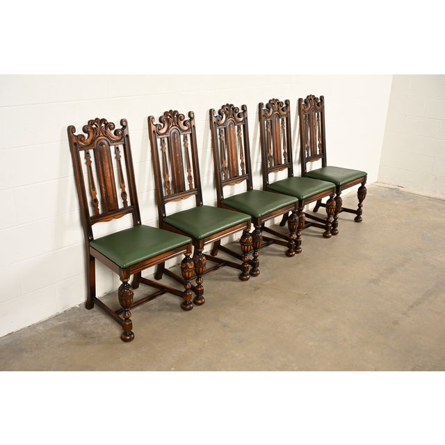 Berkey & Gay Antique English Jacobean Carved Walnut Dining Chairs, Set of Five For Sale - Image 14 of 14