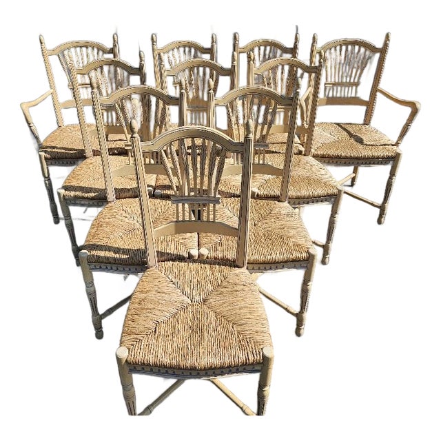 Vintage French Wheat-Sheaf Dining Chairs With Rush Seats - Set of 10 For Sale