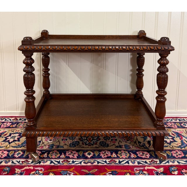 French Antique French Trolley Tea Cart Pastry Cart Dumbwaiter 2-Tier Oak C. 1930s For Sale - Image 3 of 18