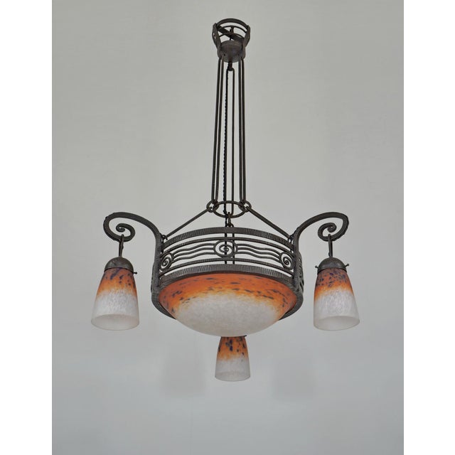Charles Schneider H. Fournet & Charles Schneider French Art Deco Chandelier 1920s - Orange Mottled Glass & Wrought Iron For Sale - Image 4 of 12