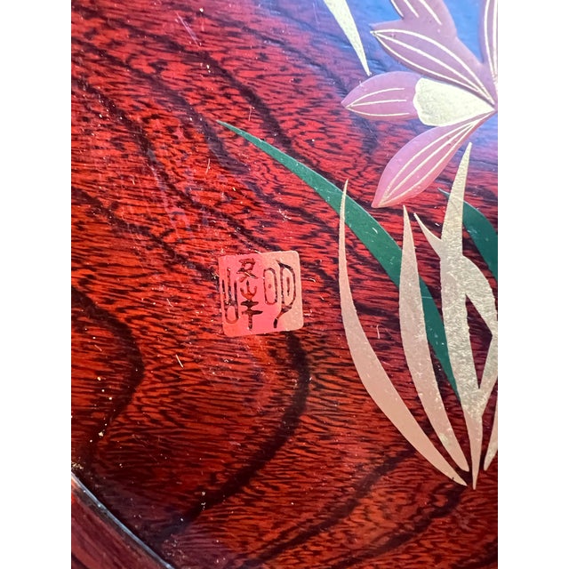 Asian Vintage Round Wooden Asian Style Tray With Floral Accents For Sale - Image 3 of 7