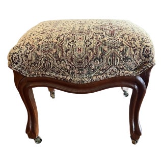 Vintage Tapestry Footstool Ottoman With Cabriole Legs & Brass Casters For Sale