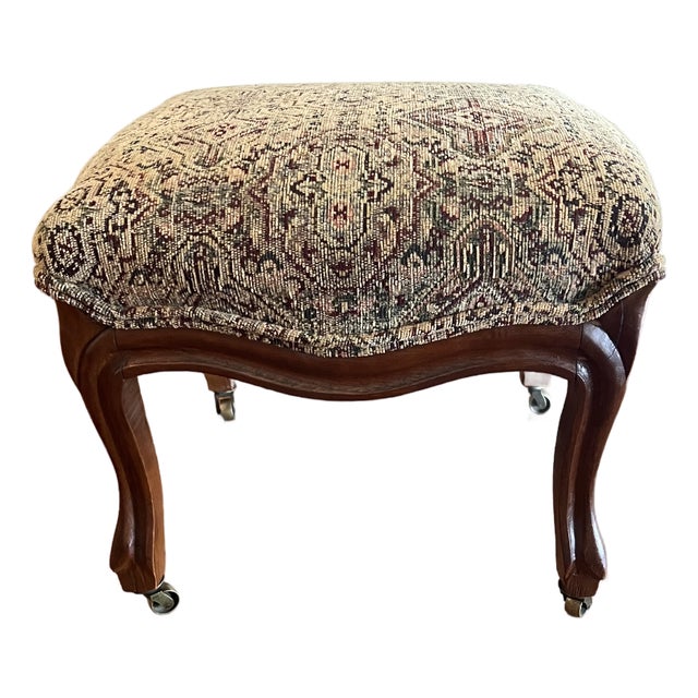 Vintage Tapestry Footstool Ottoman With Cabriole Legs & Brass Casters For Sale