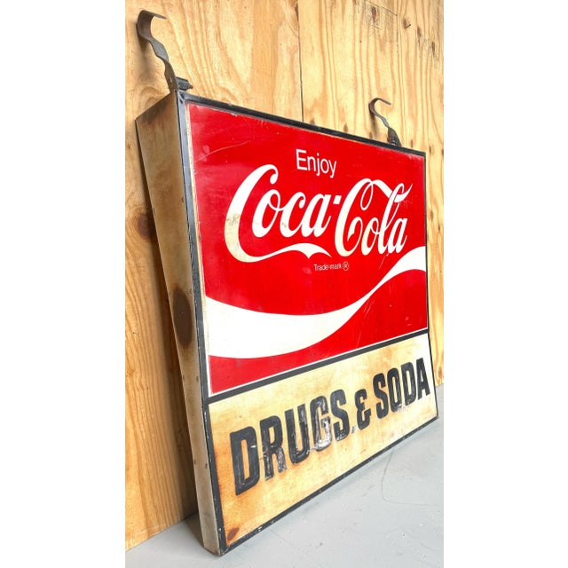 Red 1960s Coca-Cola Trade Sign 'Drugs & Soda' From WPB, Florida Clematis Street For Sale - Image 8 of 12