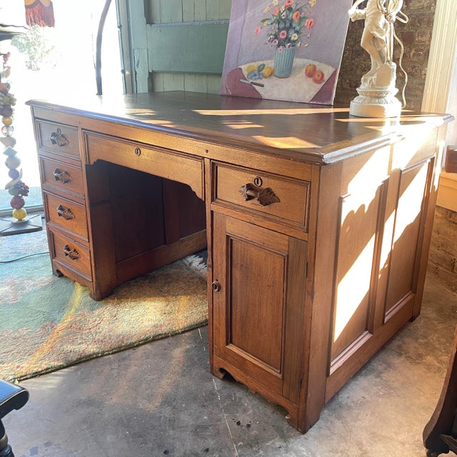 Victorian Early 20th Century Arts and Crafts Era Oak Partners Desk Wit Carved Pulls For Sale - Image 3 of 11