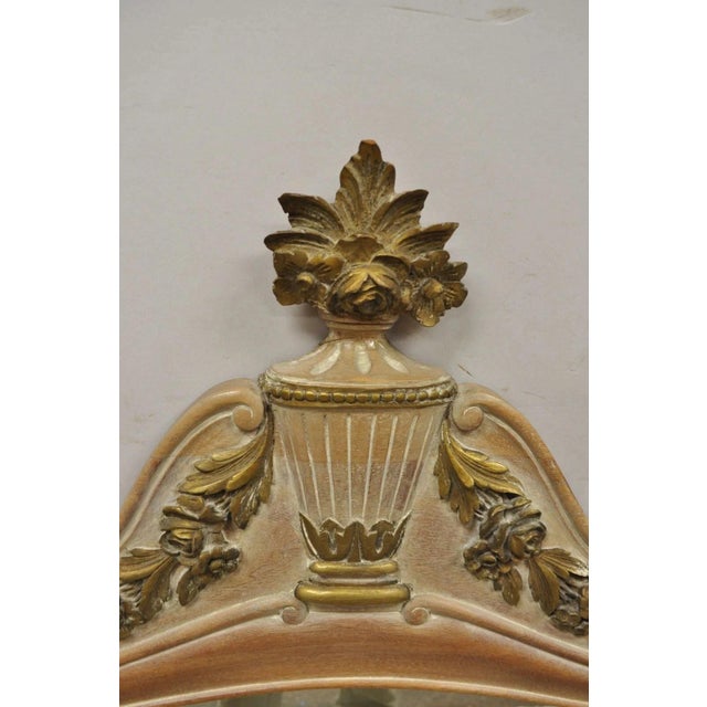Vintage French Country Provincial Louis XV Style Carved Wood Urn Finial Wall Mirror. Item features urn and flower carved...
