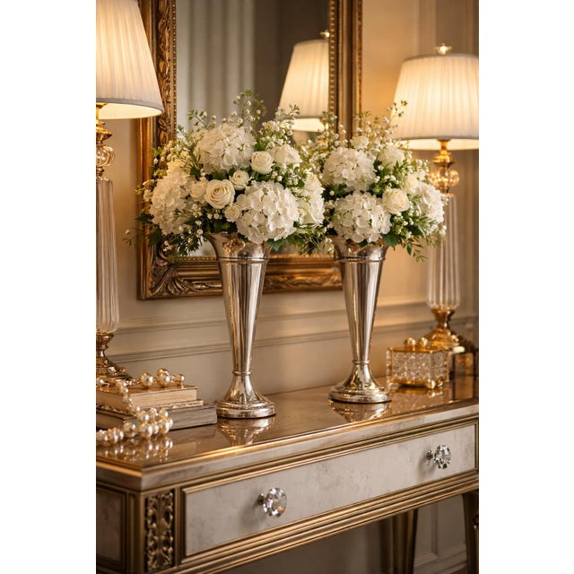 Mid 20th Century Pair of Vintage Silverplate Fluted Trumpet Vases – Scalloped Rim Wedding Centerpiece Floral Vases (12”) For Sale - Image 5 of 6