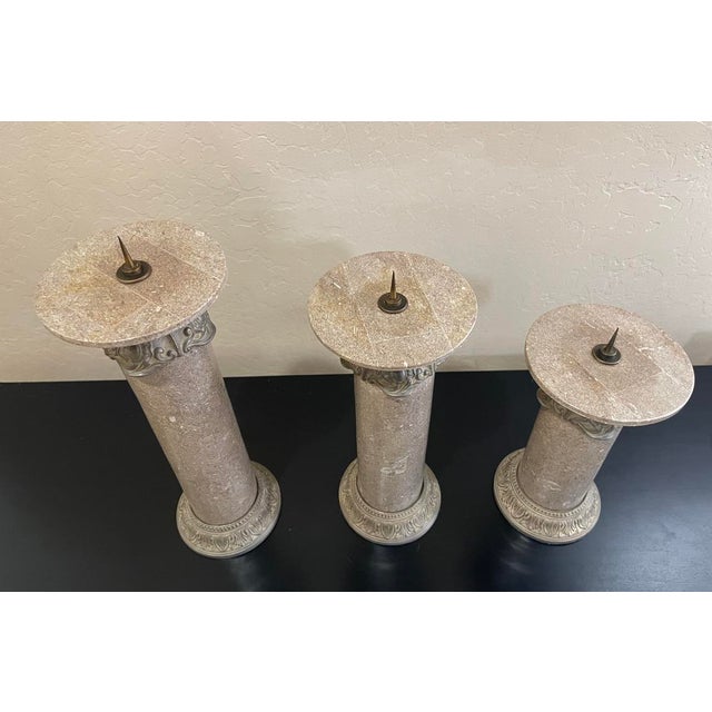 Metal Set of 3 Tessellated Stone Graduated Column Candlesticks Embossed Metal Detail For Sale - Image 7 of 10