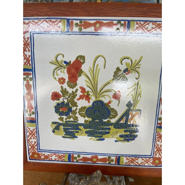 Ceramic Vintage French Faience Style Ceramic Tile With Hand-Painted Floral Motif in Wood Frame. For Sale - Image 7 of 10