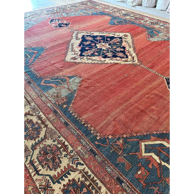Antique Persian Serapi Carpet, Handmade Wool Oriental Rug, Ivory Rust Light Blue For Sale - Image 15 of 18