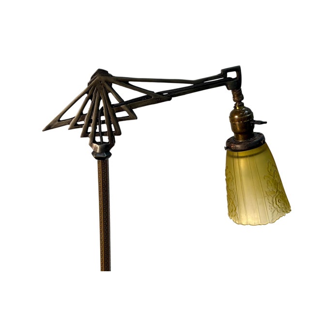Art Deco Brass and Cast Iron 1930s Depression Era Floor Lamp With Amber Art Deco Glass Shade #2619 For Sale - Image 3 of 11