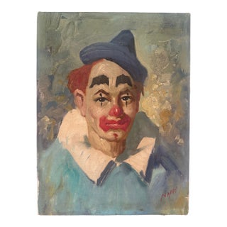1960s Signed Original Oil Painting of a Somber Circus Clown in Blue For Sale